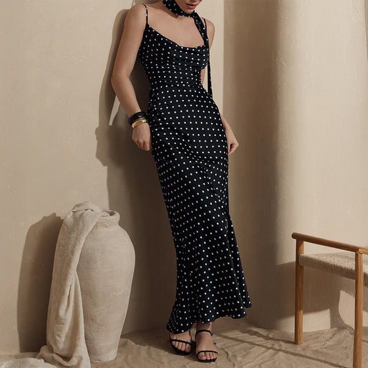 Strap Maxi Dress Summer Halter Strap Fishtail Polka Dot Maxi Dress BlueLine