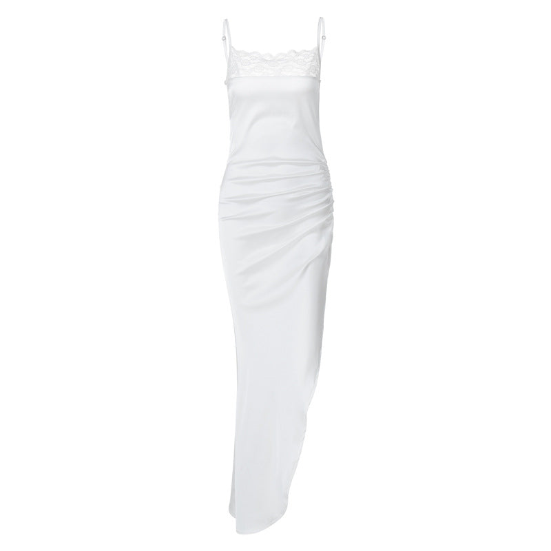 Summer European, French Silk Dress Sexy Lace Corset Backless Oblique Pattern Suspender