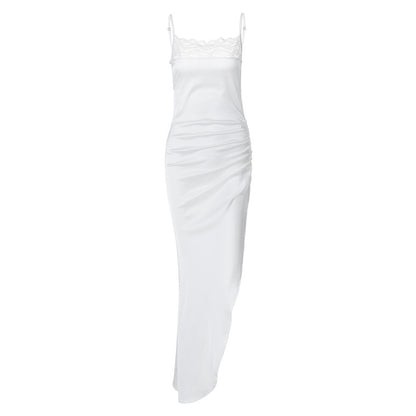 Summer European, French Silk Dress Sexy Lace Corset Backless Oblique Pattern Suspender