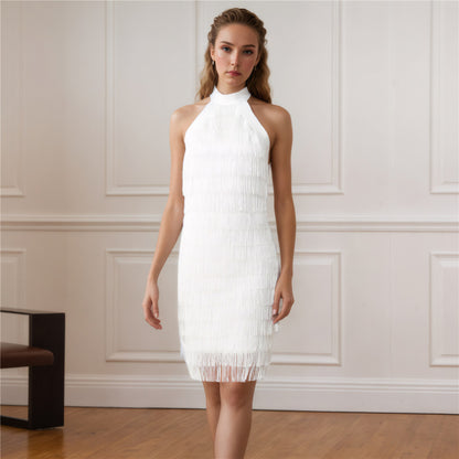 Women Clothes Sexy Tassel Halter Backless Sleeveless Bandage Dress Party Gathering Dress Short