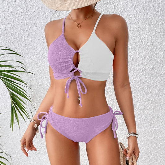 Traje de baño de cintura alta con abertura en color de contraste para mujer, bikini, conjunto de baño
