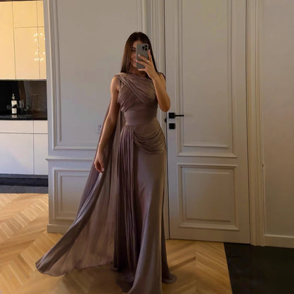 Spring Summer Women Clothing Pleated Ribbon Satin Evening Dress RMAI