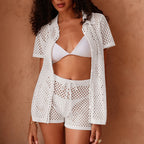 Beach Short Sleeved Cardigan Shorts Hollow Out Cutout out See through Casual Knitted Vacation Elegant Sun Protective Blouse Two Piece Sets Tidee
