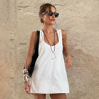 Wide Shoulder Strap U Neck Short Dress Spring Summer Sleeveless Loose Slimming Casual A line Dress BlueLine