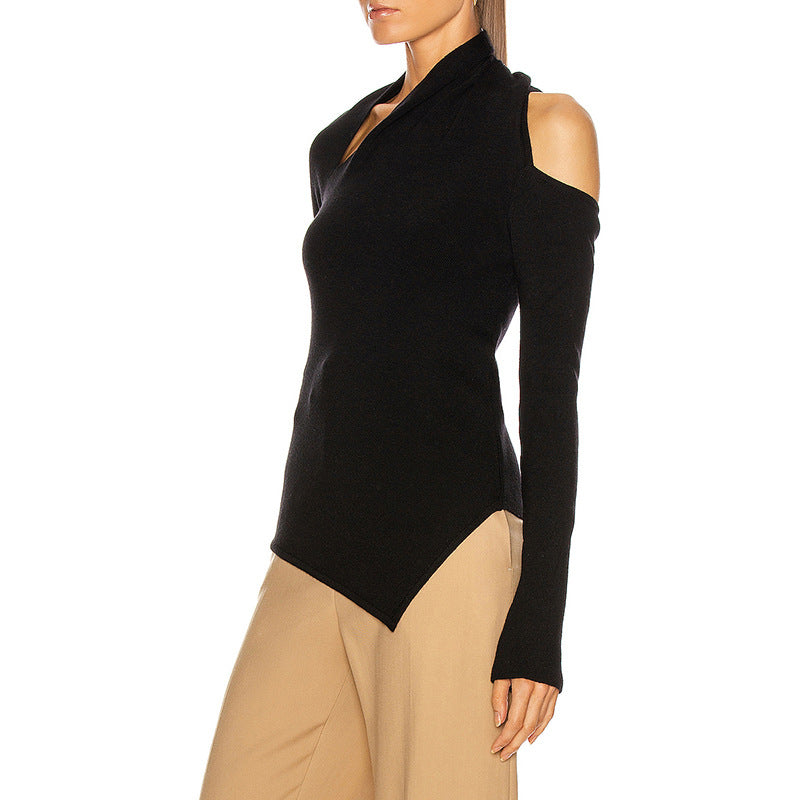 Irregular Asymmetric Design Sweater Autumn Winter Personalized Off The Shoulder Solid Color Slim Fit Short Women Sweater Sailfish