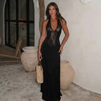 Women Clothing Winter Hollowed out Backless Lace Patchwork Waist Slimming Deep V Plunge Sexy Halter Dress