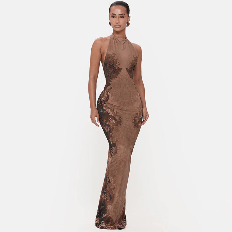 Spring Women Clothing Fashionable Elegant Slim Sexy Halter Backless Print Dress Cecil