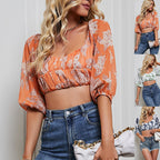 Women Clothing V neck Cropped Outfit Holiday Floral Print Chiffon Shirt Spring Summer XINXI
