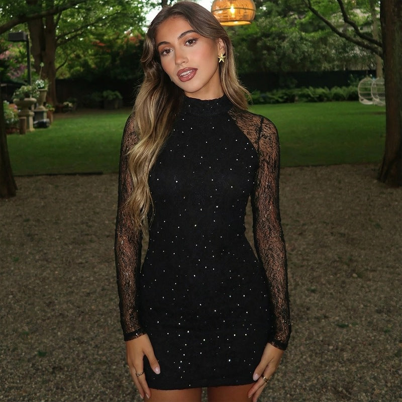 Robe fourreau sexy et moulante en dentelle à strass pour femme, manches longues, hiver.
