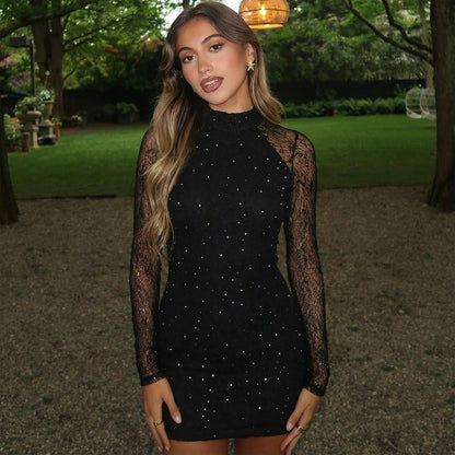 Robe fourreau sexy et moulante en dentelle à strass pour femme, manches longues, hiver.