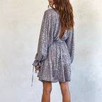 Lace up V neck Sequin Dress Sexy Drape Dress Women Summer SCC