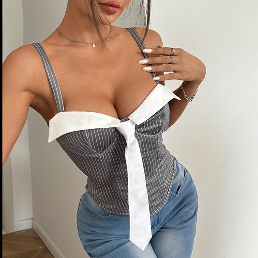 Sexy Women Low Cut Tie Stitching Contrast Color Boning Corset Top Wrapped Chest Sexy Vest