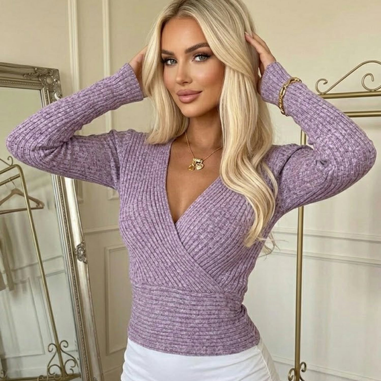 Sexy Gentle Purple Sunken Stripe Cross Collar Long Sleeve T shirt Autumn Winter Idle Waist Controlled Top LingSharp