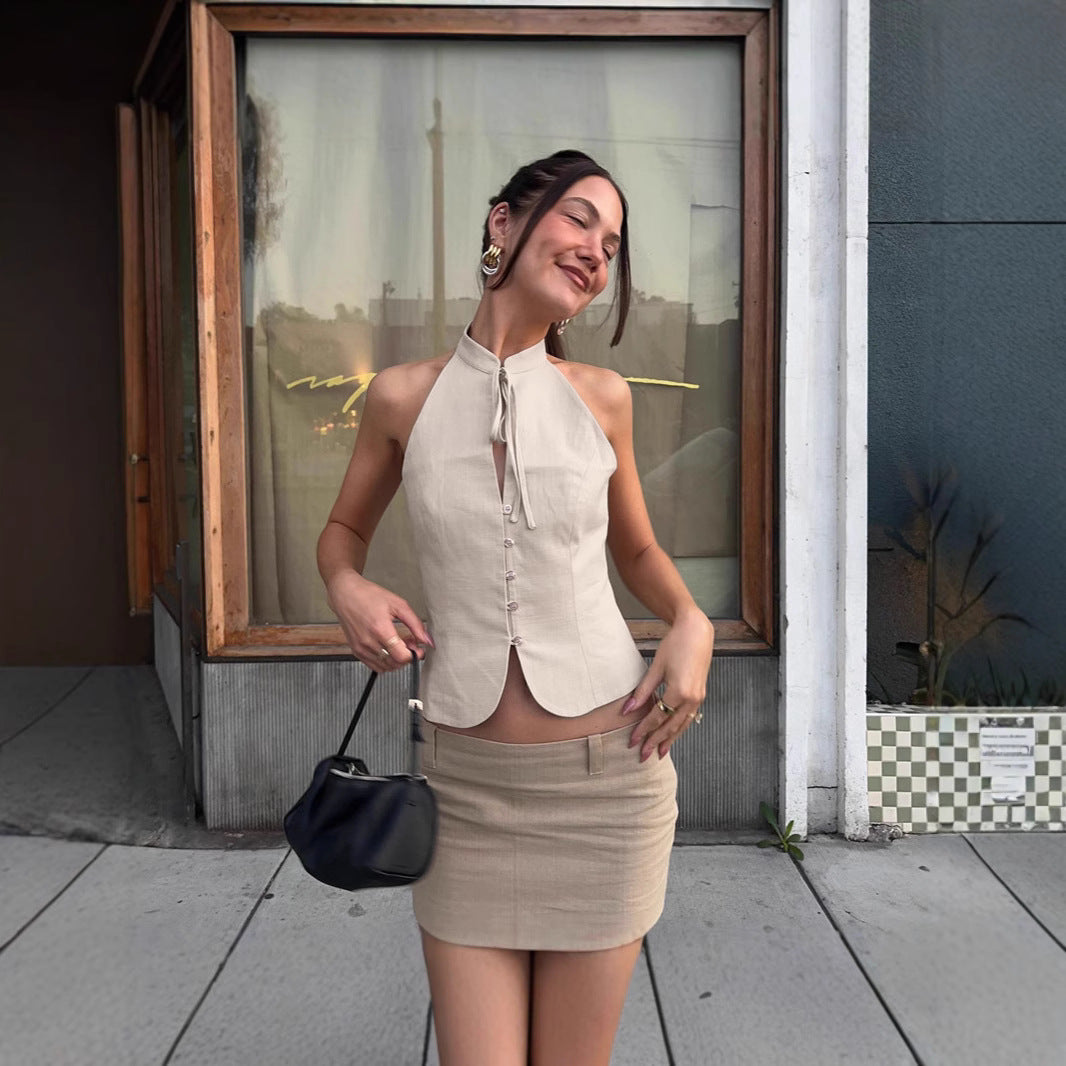 Women Clothing Summer Street Design Retro Slim Fit Backless Short Top for Women Burgatti