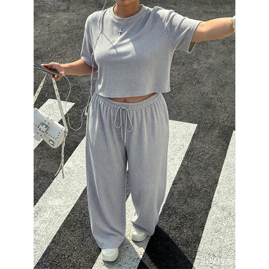 Plus Size Women Clothing Casual Two Piece Set round Neck Short Short Sleeve T shirt Drawstring High Waist Wide Leg Pants Loose Outfit CJENNY