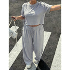 Plus Size Women Clothing Casual Two Piece Set round Neck Short Short Sleeve T shirt Drawstring High Waist Wide Leg Pants Loose Outfit CJENNY