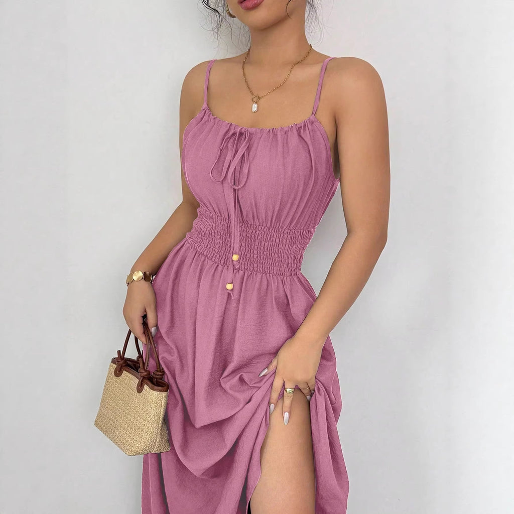Design Tube Top Sleeveless Pleated Waist Solid Color Suspender Women Dress AXE