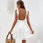 Sexy Woven Fabric Sexy Deep V Plunge Shoulder Lace up Design Bare Back Dress