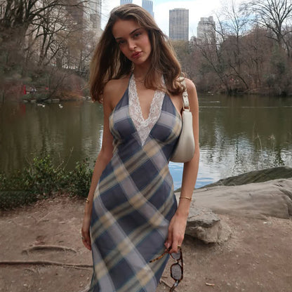 Women Clothing Summer Sexy V neck Lace Plaid Sweet Retro Slim Fit Dress Women