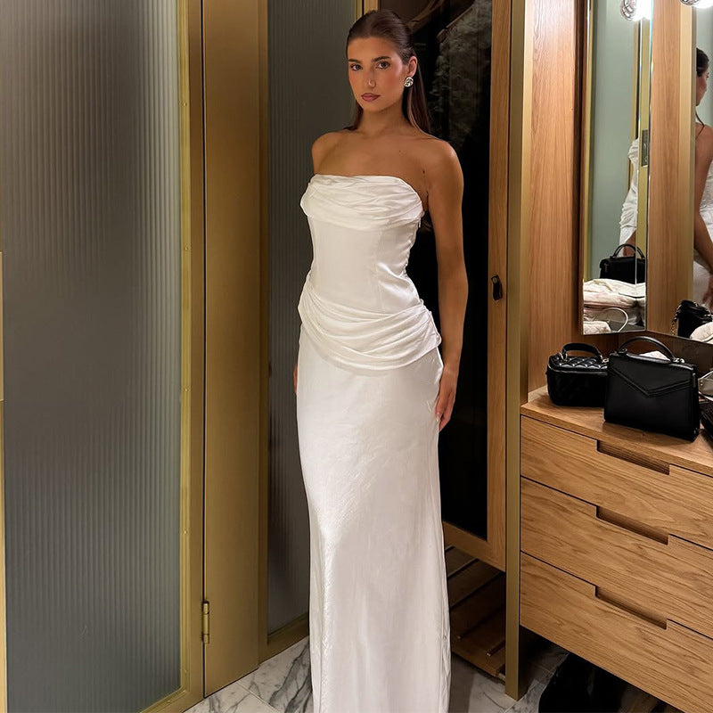 Summer Women Solid Color Graceful Satin Pleated Slim Tube Top Dress