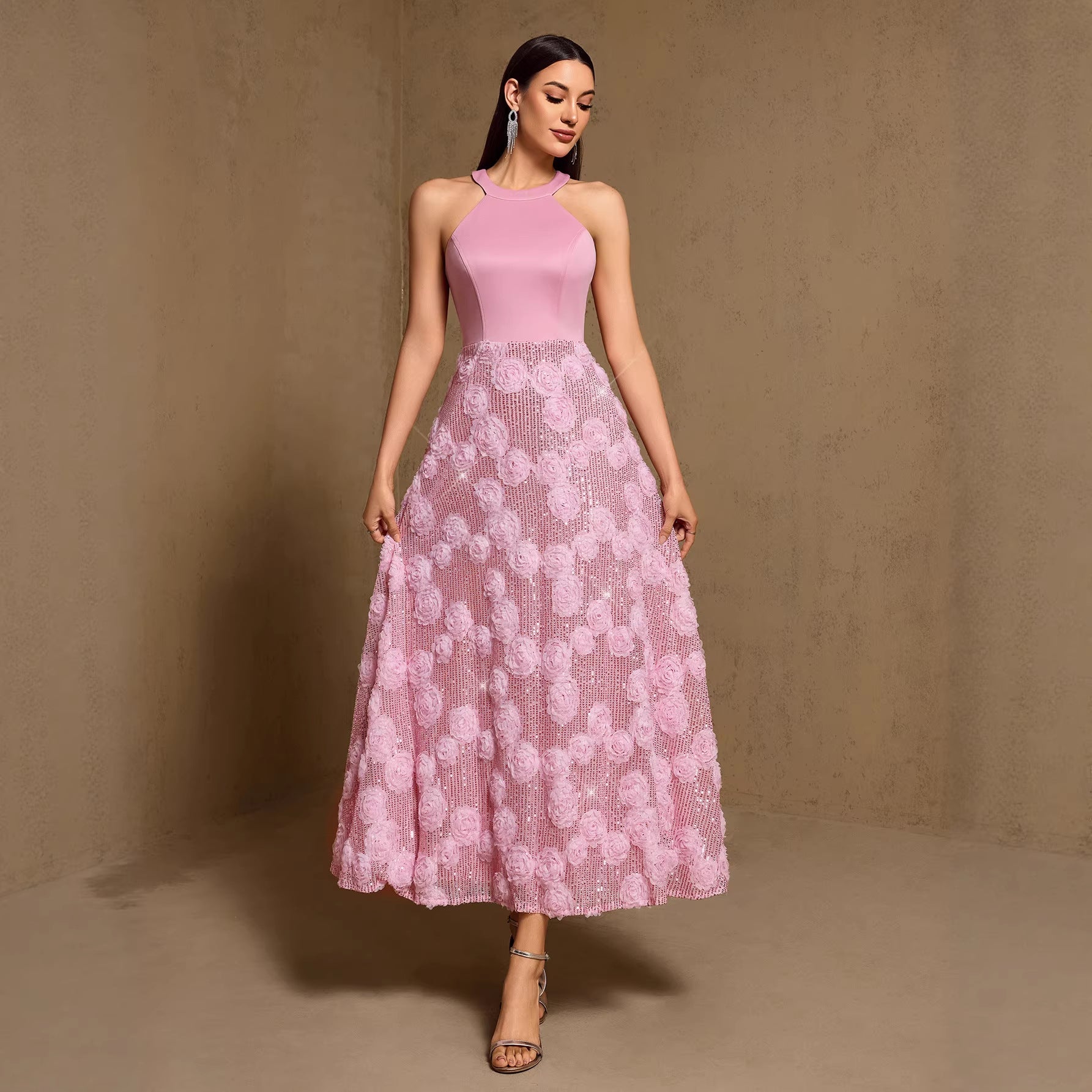 Spring Summer Halter Print Stitching Large Hem Fully Lined Evening Dress Party Dress HENGACHI