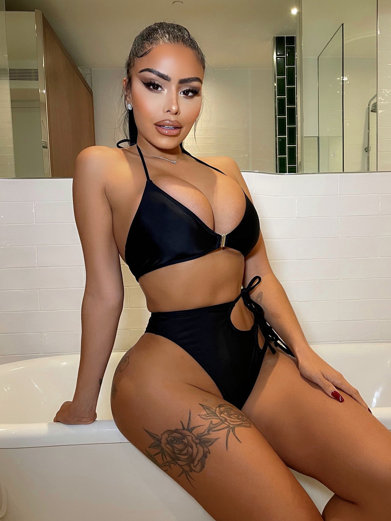 Bikini de color sólido sexy para mujer, traje de baño dividido, traje de baño triangular con bolsa