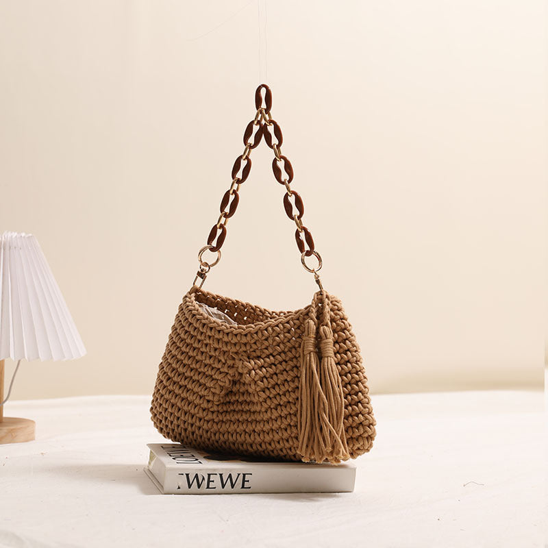 Sac tissé en fil de coton sous les aisselles, sac en paille à une épaule avec pompon, sac de plage de vacances, sac de niche pour femmes 