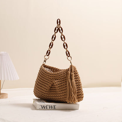Bolso de mano tejido con hilo de algodón y borlas para mujer, de paja, para playa, vacaciones, de un solo hombro 