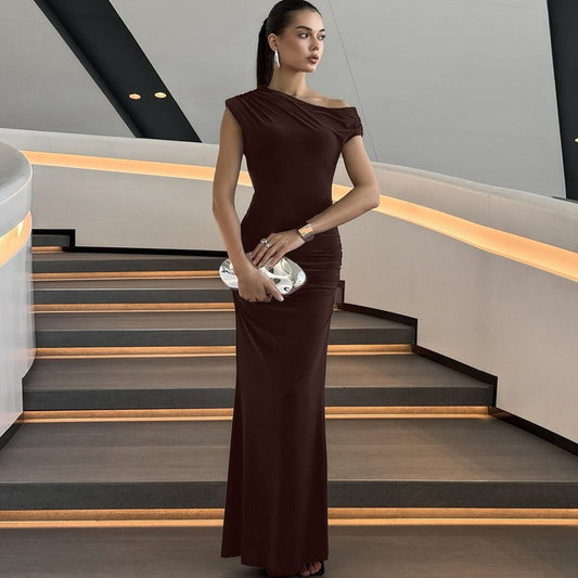 Women Clothing Summer Pleated Waist Tight Slimming Shoulder Hollow Out Cutout Sexy Solid Color Dress