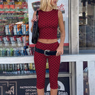 Summer Women Clothing Polka Dot Sleeveless Backless Top Slim Cropped Pants Two Piece Set LEKINS