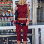 Summer Women Clothing Polka Dot Sleeveless Backless Top Slim Cropped Pants Two Piece Set LEKINS