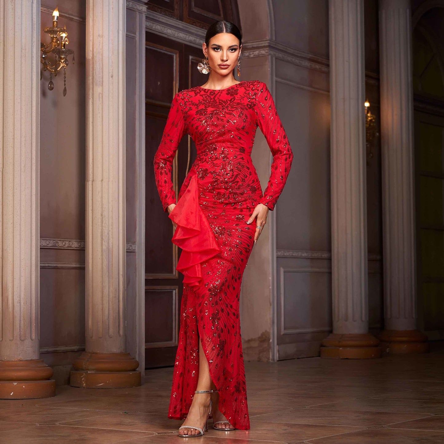 Women Clothing High End Long Sleeved round Neck Lace Cocktail Sequined Split Evening Dress