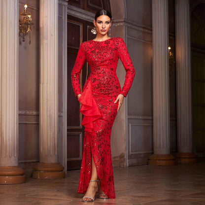 Women Clothing High End Long Sleeved round Neck Lace Cocktail Sequined Split Evening Dress