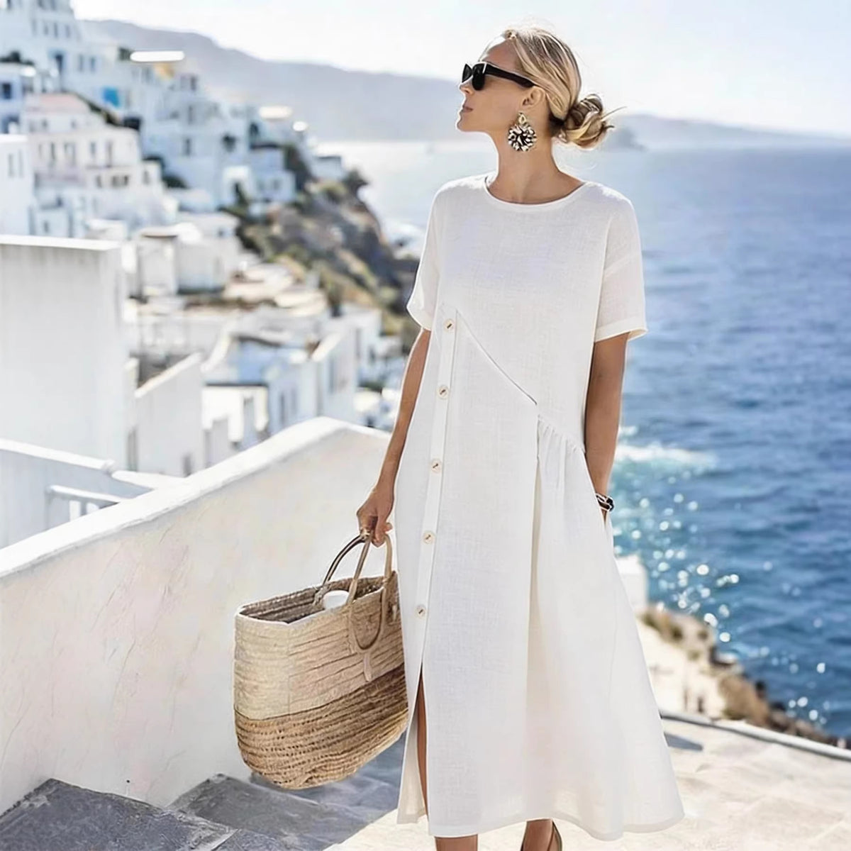 Casual Fastener Decoration Fold Pocket Mid Length Dress NICE