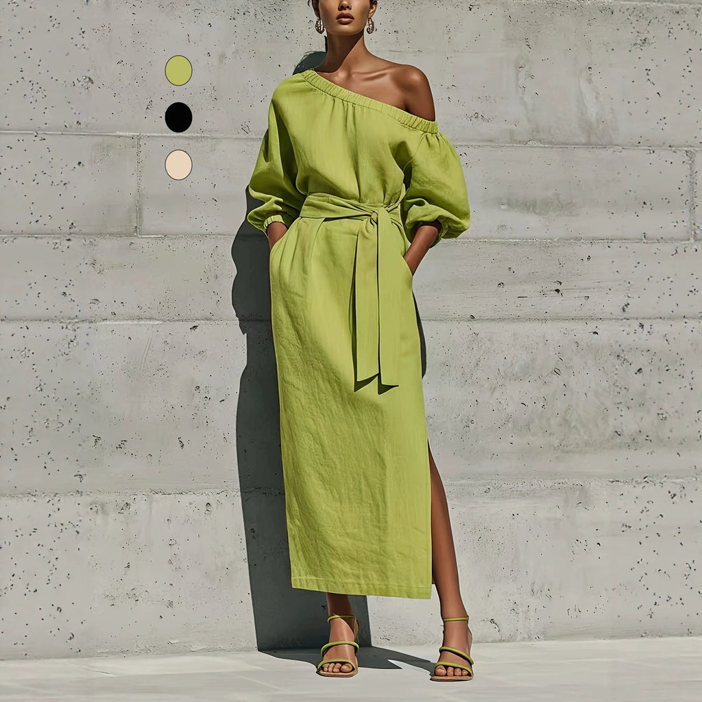 Elegant Loose Linen Strapless Side Slit Design Dress with Belt Venly