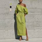 Elegant Loose Linen Strapless Side Slit Design Dress with Belt Venly