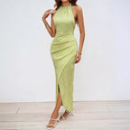 Summer Sexy Adult Lady like Woman Halter Split Backless Solid Color Dress with Lining XINXI