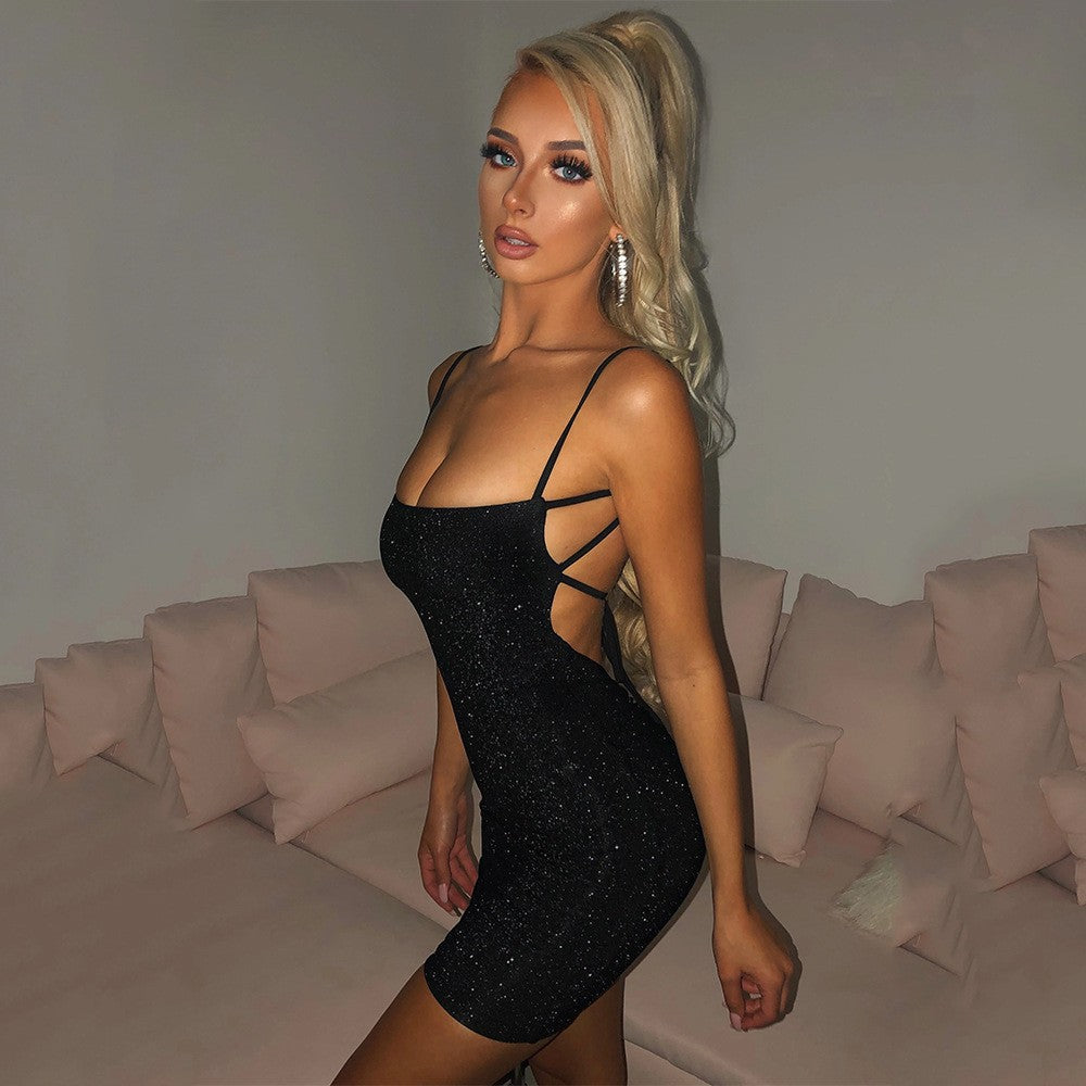 Summer Solid Color Shiner Sexy Suspenders Nightclub Backless Hip Dress Gold Silk Women Eping