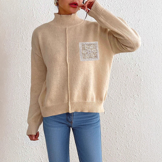 Autumn Winter Women Clothing Solid Color Half Collar Pullover Sweater Sequined Hollow Out Cutout Pocket Stitching Sweater for Women