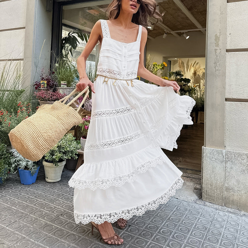 Bohemian White Long Lace Stitching Tiered Dress Women Summer Lazy Casual Suspenders Dress Without a belt FOREVEREIGHTEEN