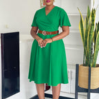 Women Clothing Elegant Solid Color V neck Flared Sleeves Dress Morn