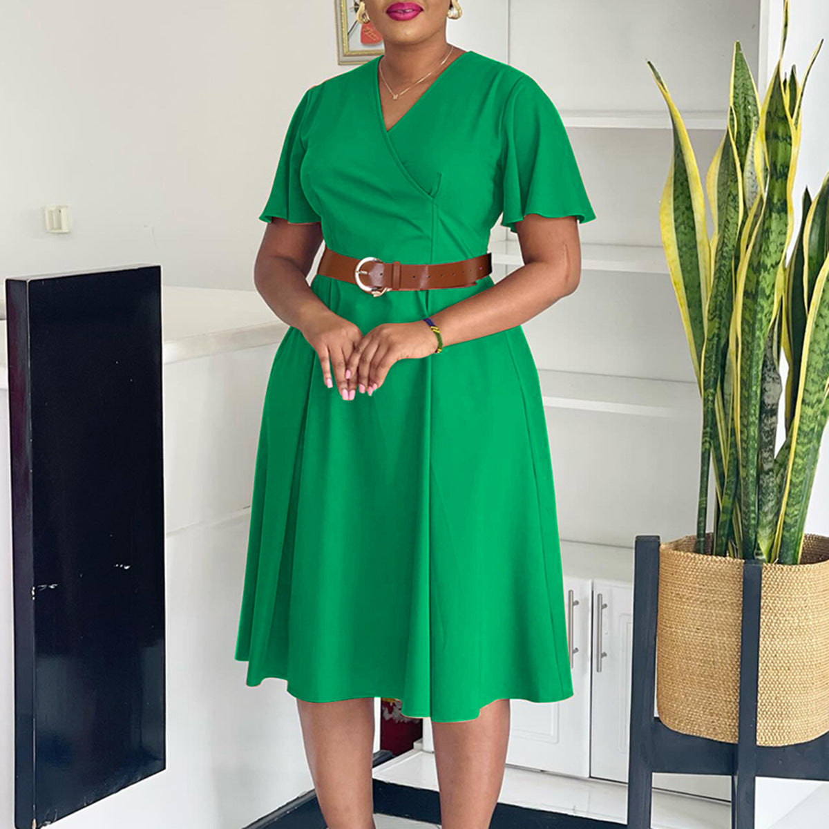 Women Clothing Elegant Solid Color V neck Flared Sleeves Dress Morn