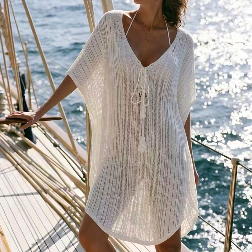 Vacation Sexy Cutout Lace up Loose Pullover Bikini Sunscreen Knitted Beach Cover up Tidee