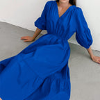 Summer Office Klein Blue Puff Sleeve High Waist A- line Dress Fashionable Simple Women Dress FOREVEREIGHTEEN