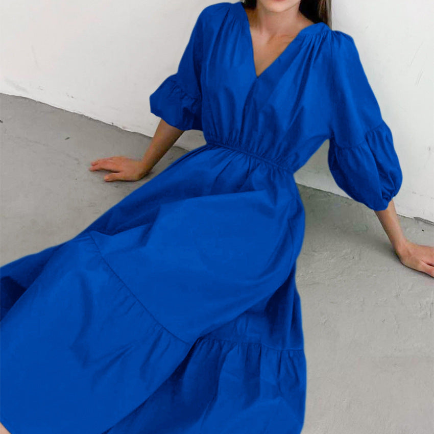 Summer Office Klein Blue Puff Sleeve High Waist A- line Dress Fashionable Simple Women Dress FOREVEREIGHTEEN