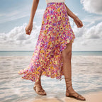 Summer Lace up Split Irregular Asymmetric Ruffled Small Floral Skirt Women Rogan