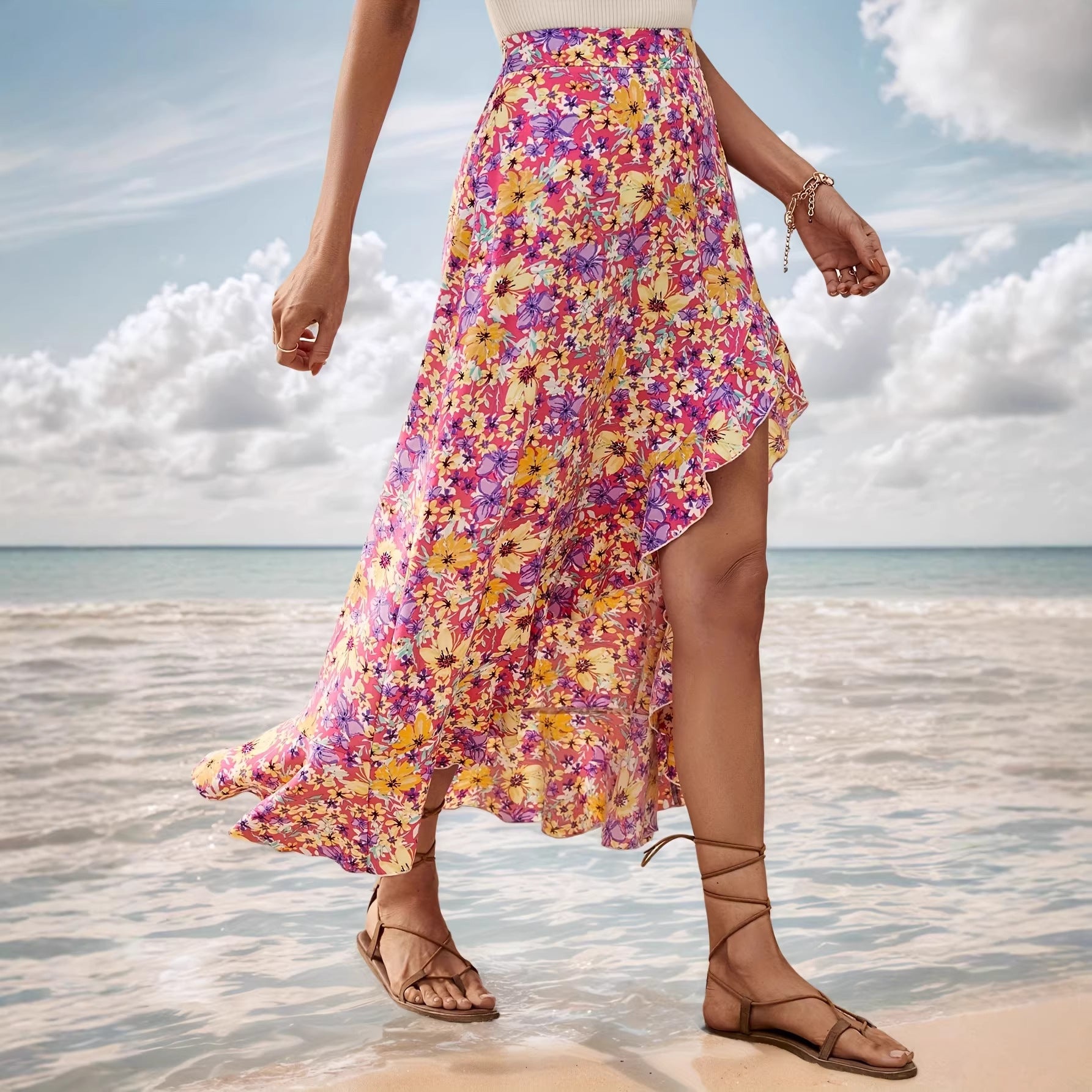 Summer Lace up Split Irregular Asymmetric Ruffled Small Floral Skirt Women Rogan