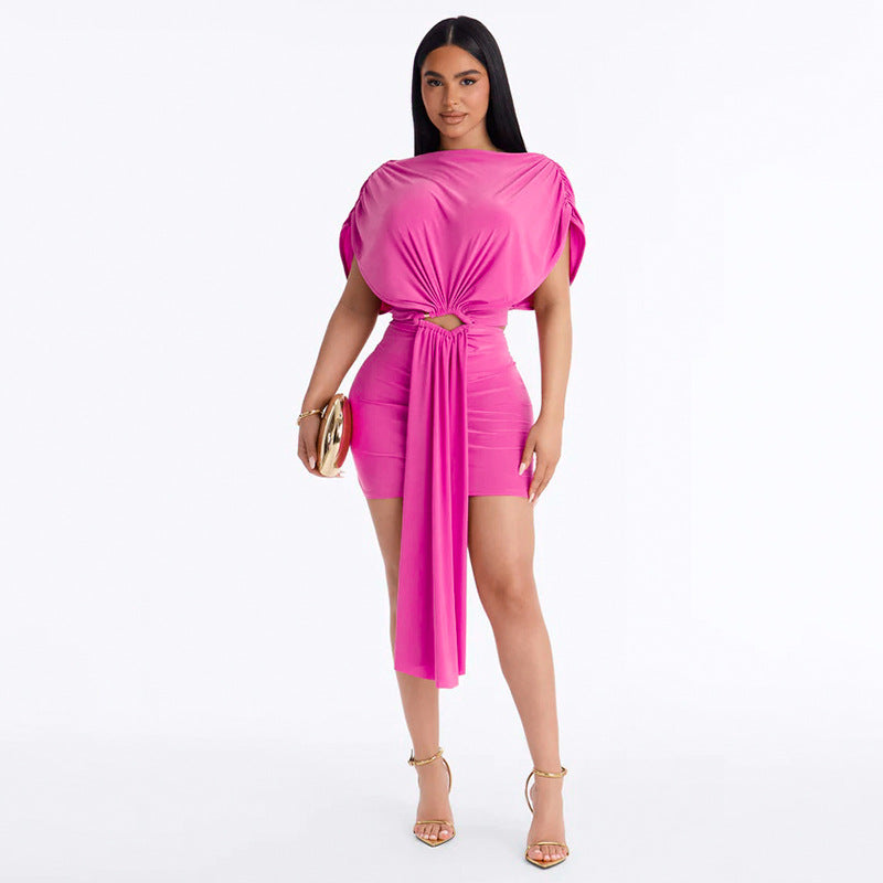 Women Clothing Summer Solid Color Casual Slim Pleated Short Sleeves Hollow Out Cutout Ribbon Short Dress HONEYBADGER