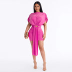 Women Clothing Summer Solid Color Casual Slim Pleated Short Sleeves Hollow Out Cutout Ribbon Short Dress HONEYBADGER