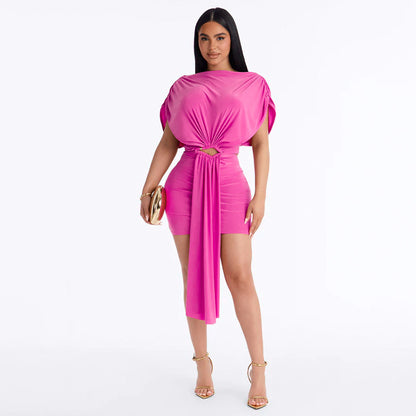 Women Clothing Summer Solid Color Casual Slim Pleated Short Sleeves Hollow Out Cutout Ribbon Short Dress HONEYBADGER